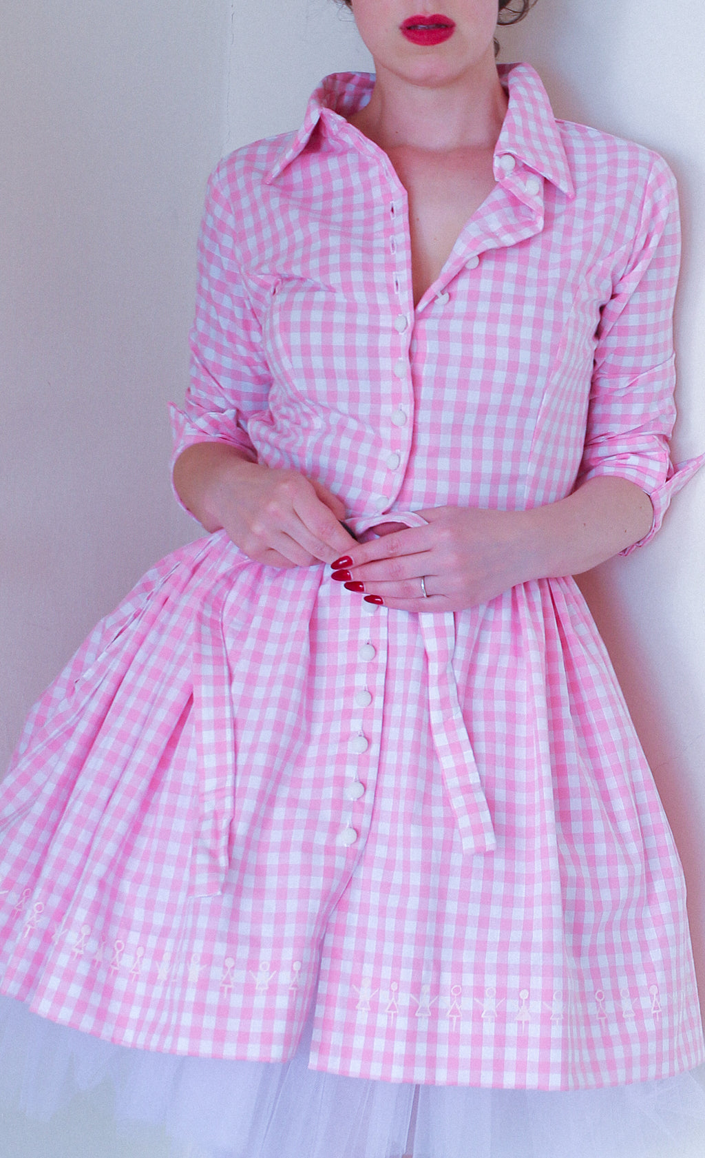 Pink Gingham Cotton Mini Shirt Dress
