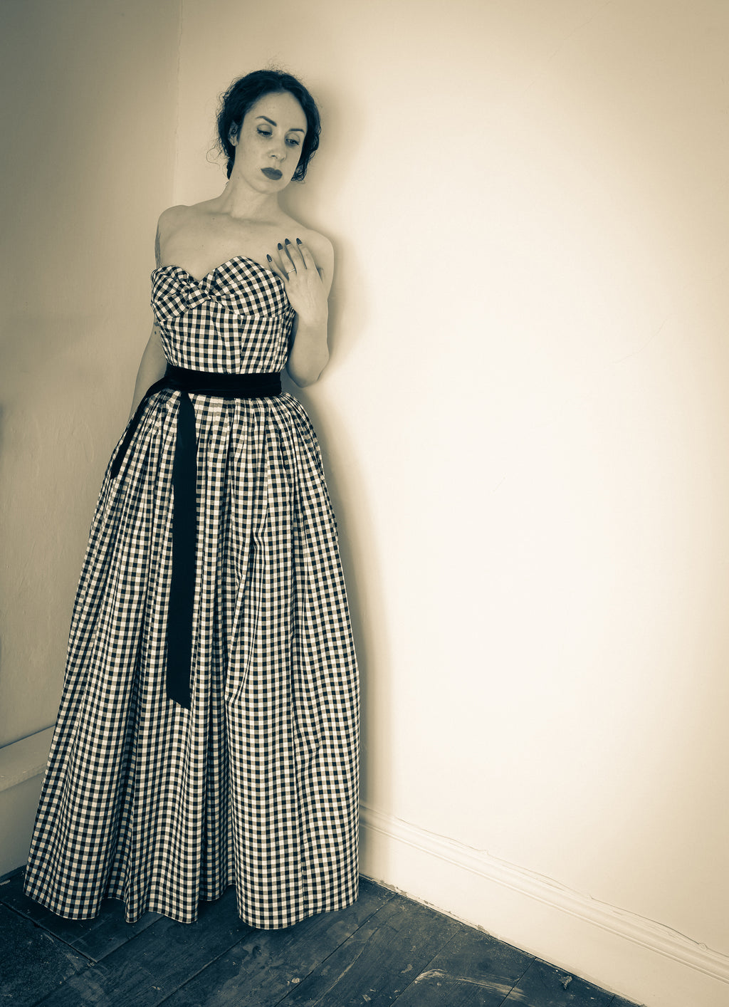 Gingham - Black and White Cotton Ballgown Dress - S