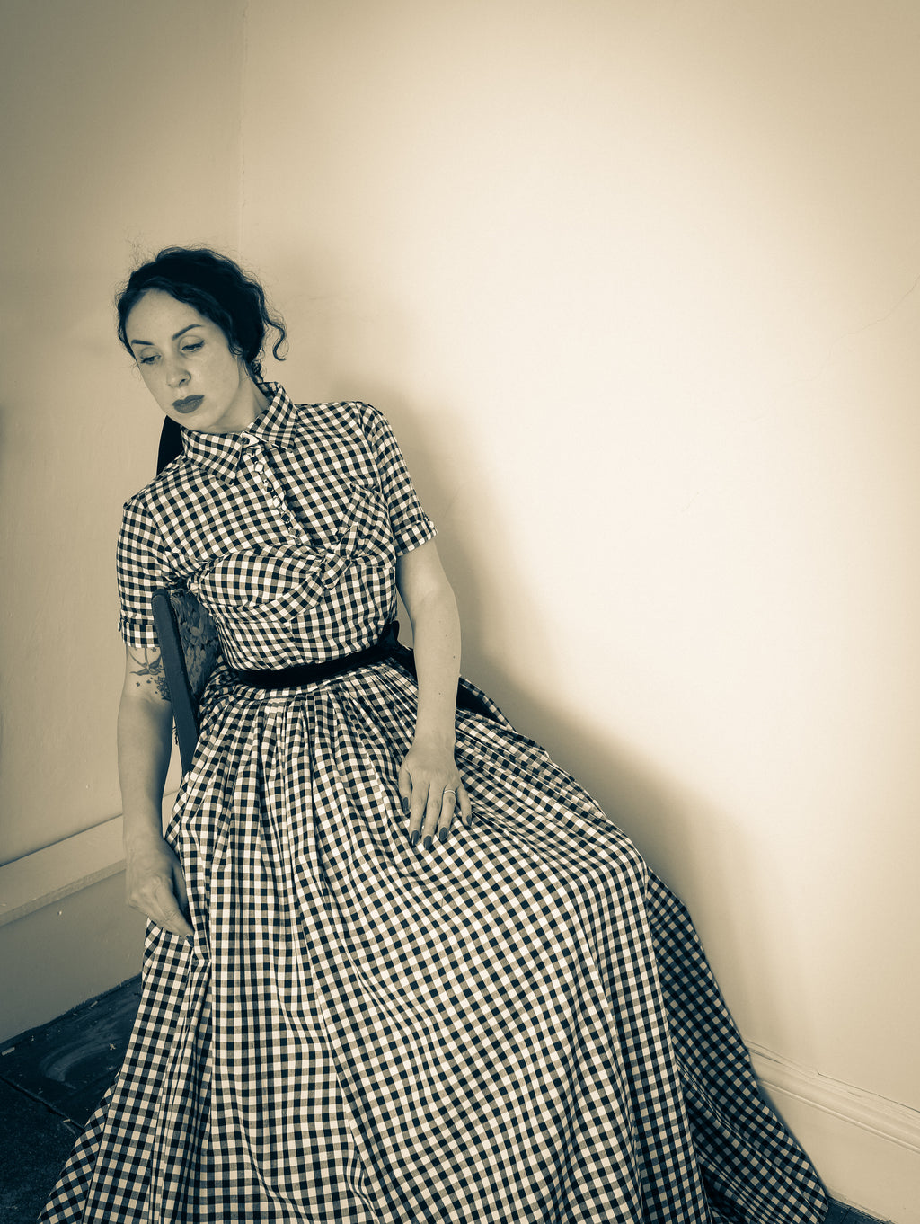Gingham - Black and White Cotton Ballgown Dress - S