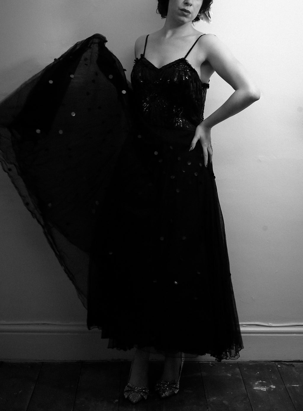 Vintage 1950s Black Sequin Tulle Dress