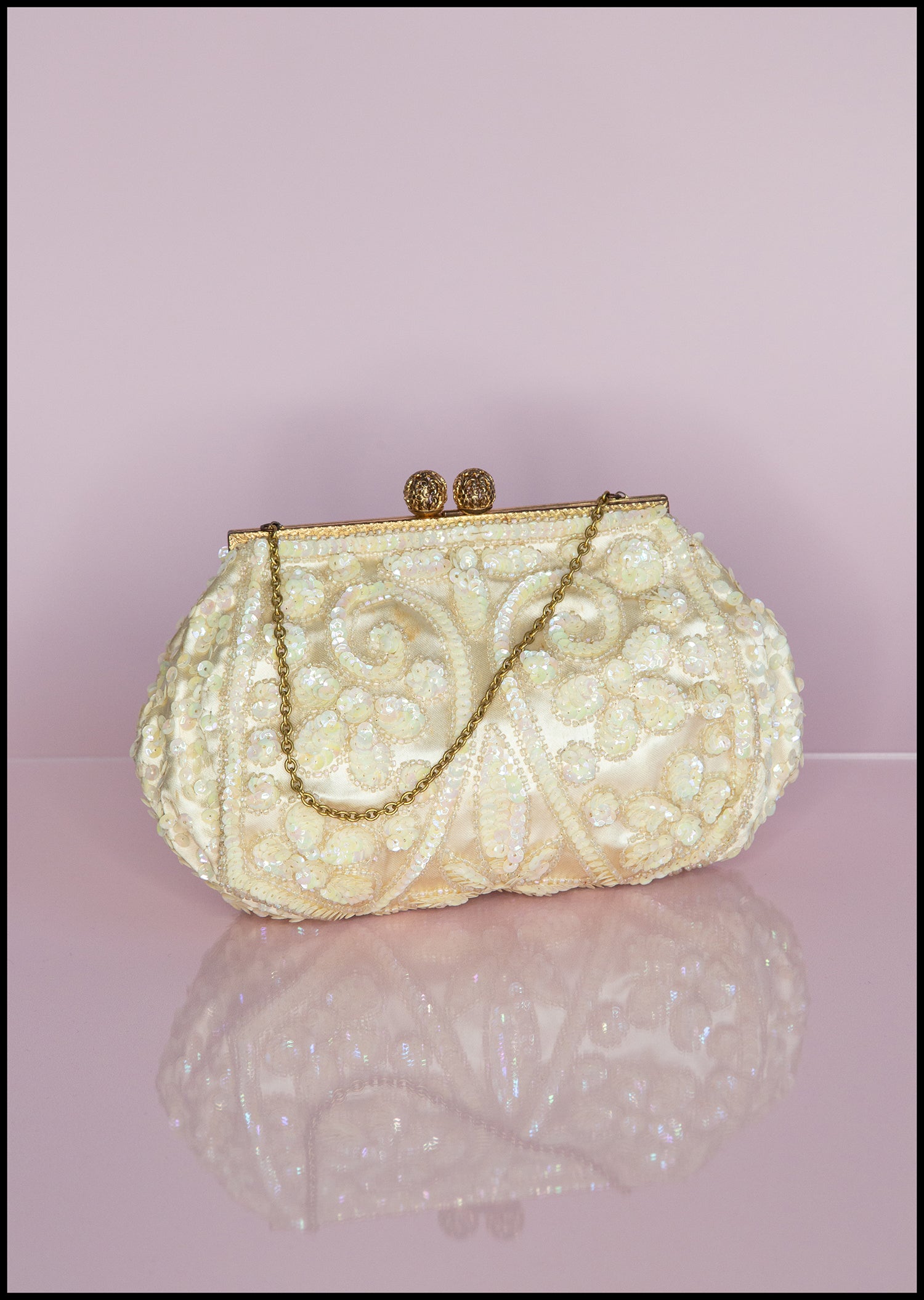 Vintage 1950s Cream Sequin Satin Evening Bag