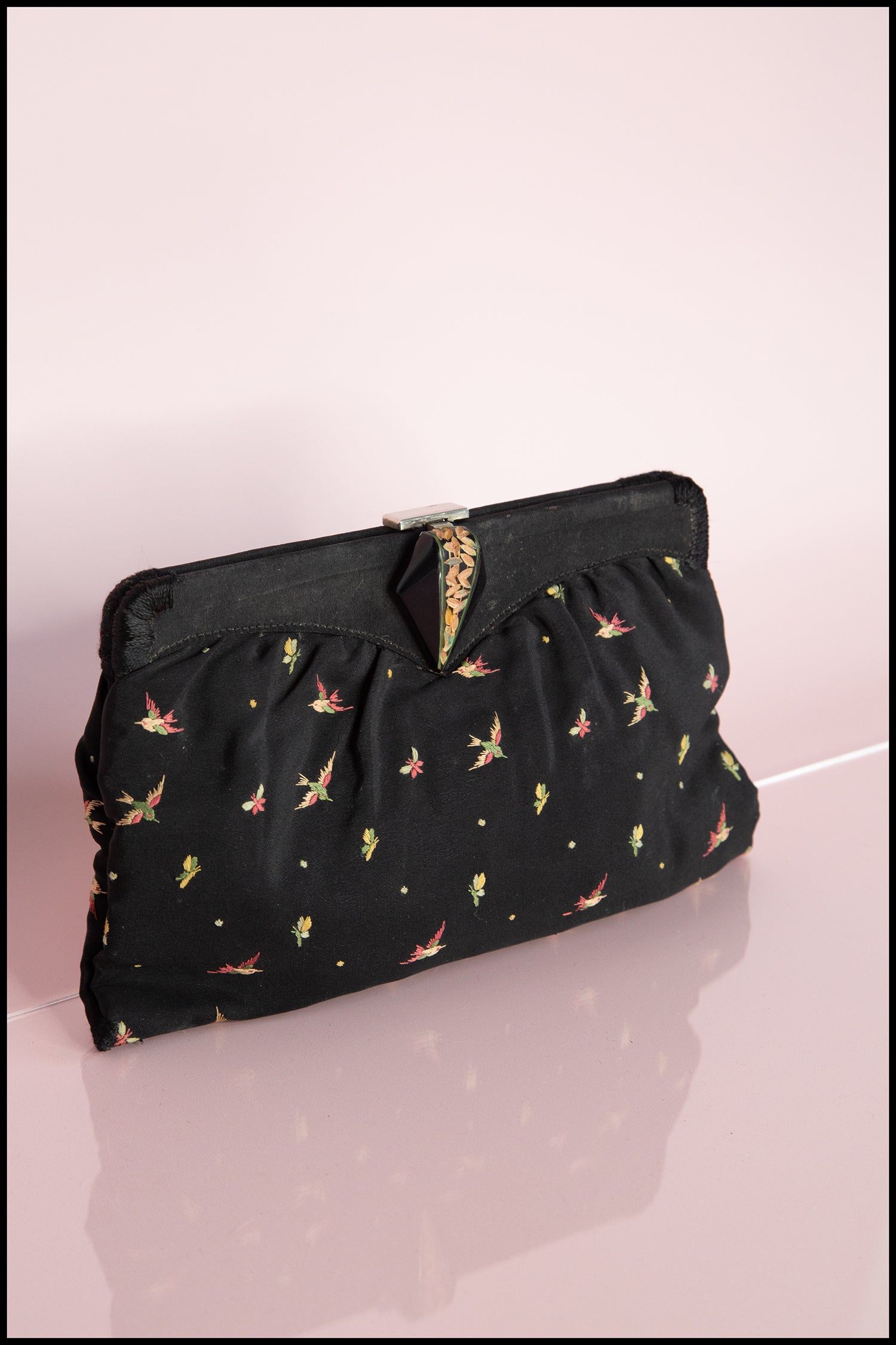 Vintage 1930s Silk Embroidered Bird and Fly Belt Purse