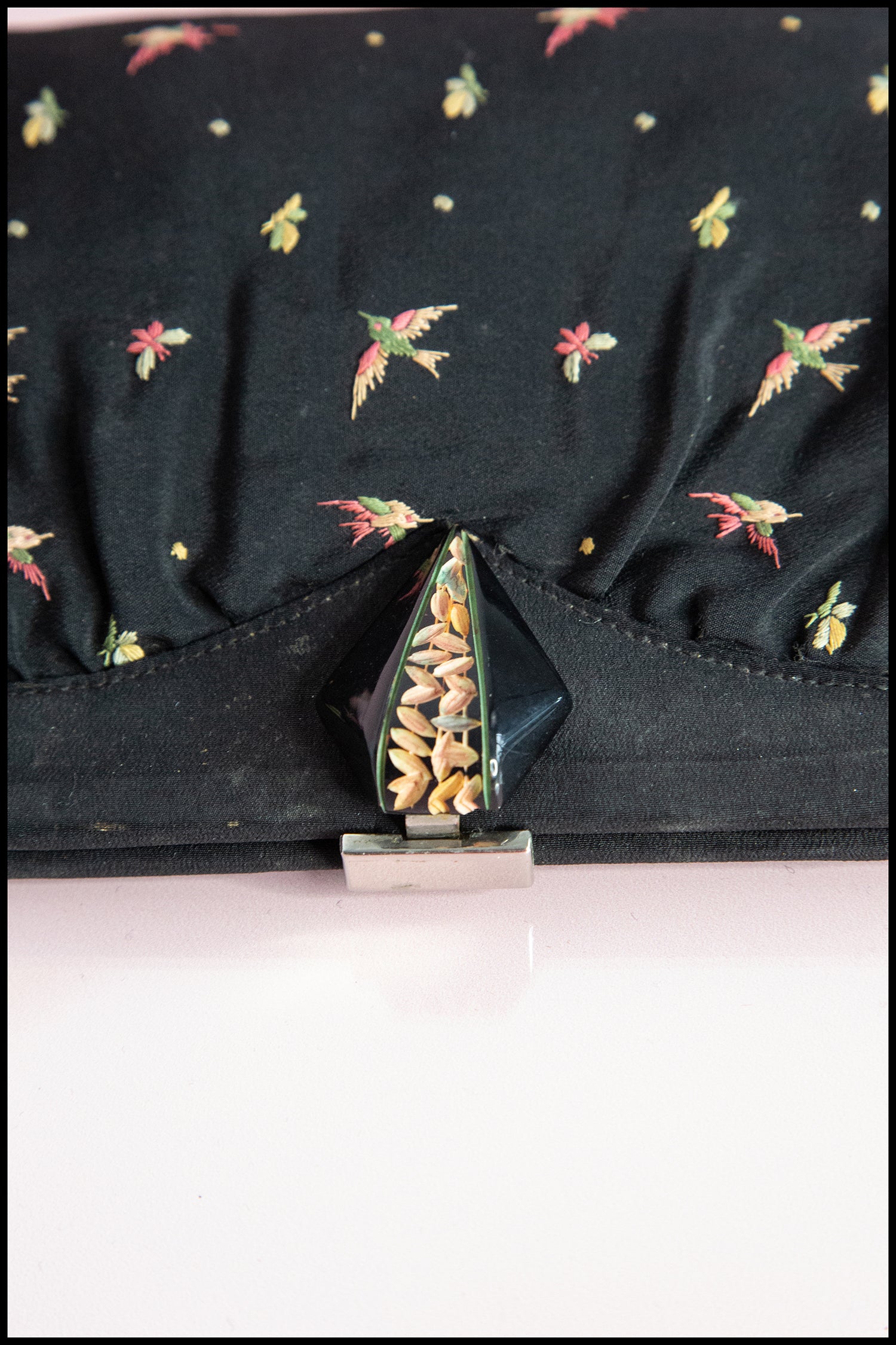 Vintage 1930s Silk Embroidered Bird and Fly Belt Purse