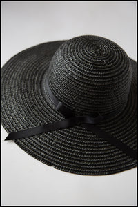 Vintage 1980s Black Straw Wide Brim Hat