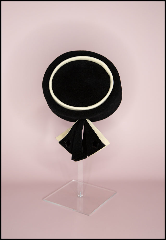 Vintage 1980s Black and White Pill Box Hat