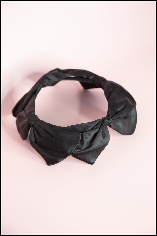 Vintage 1950s Black Satin Bow Crown Fascinator