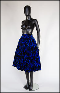 Vintage 1950s Blue Floral Velvet Skirt