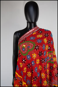 Vintage 1970s Orange Phulkari Embroidered Silk Wrap