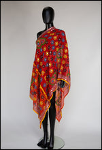 Vintage 1970s Orange Phulkari Embroidered Silk Wrap