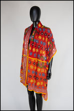 Vintage 1970s Orange Phulkari Embroidered Silk Wrap