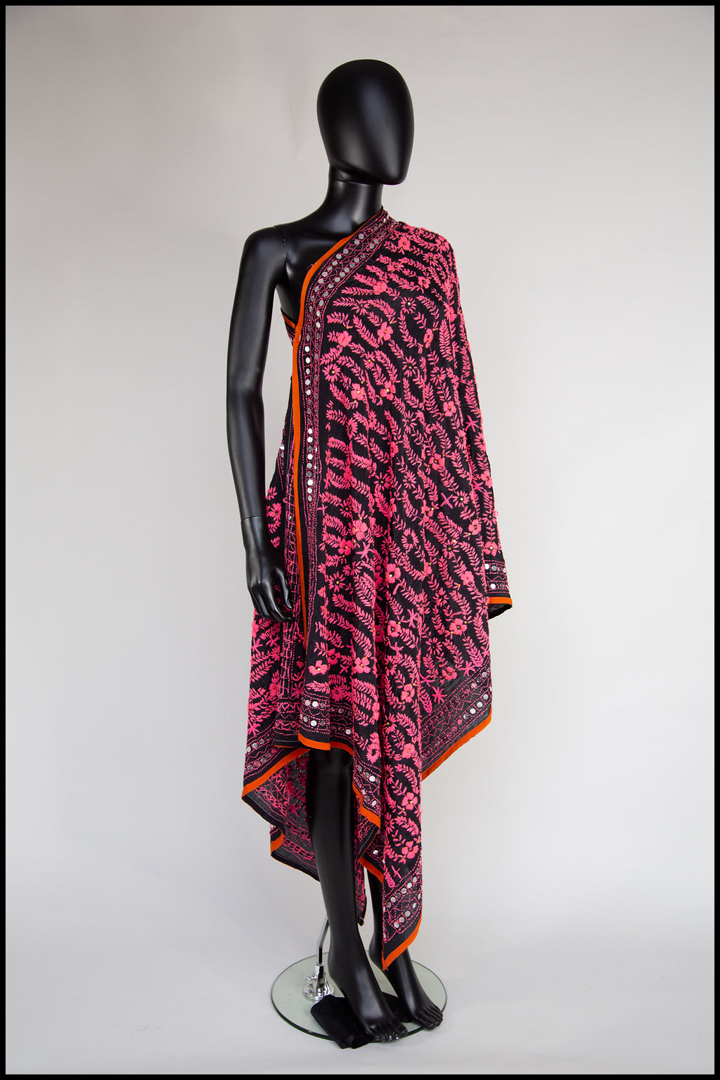 Vintage Large Pink Black Phulkari Embroidered Shawl