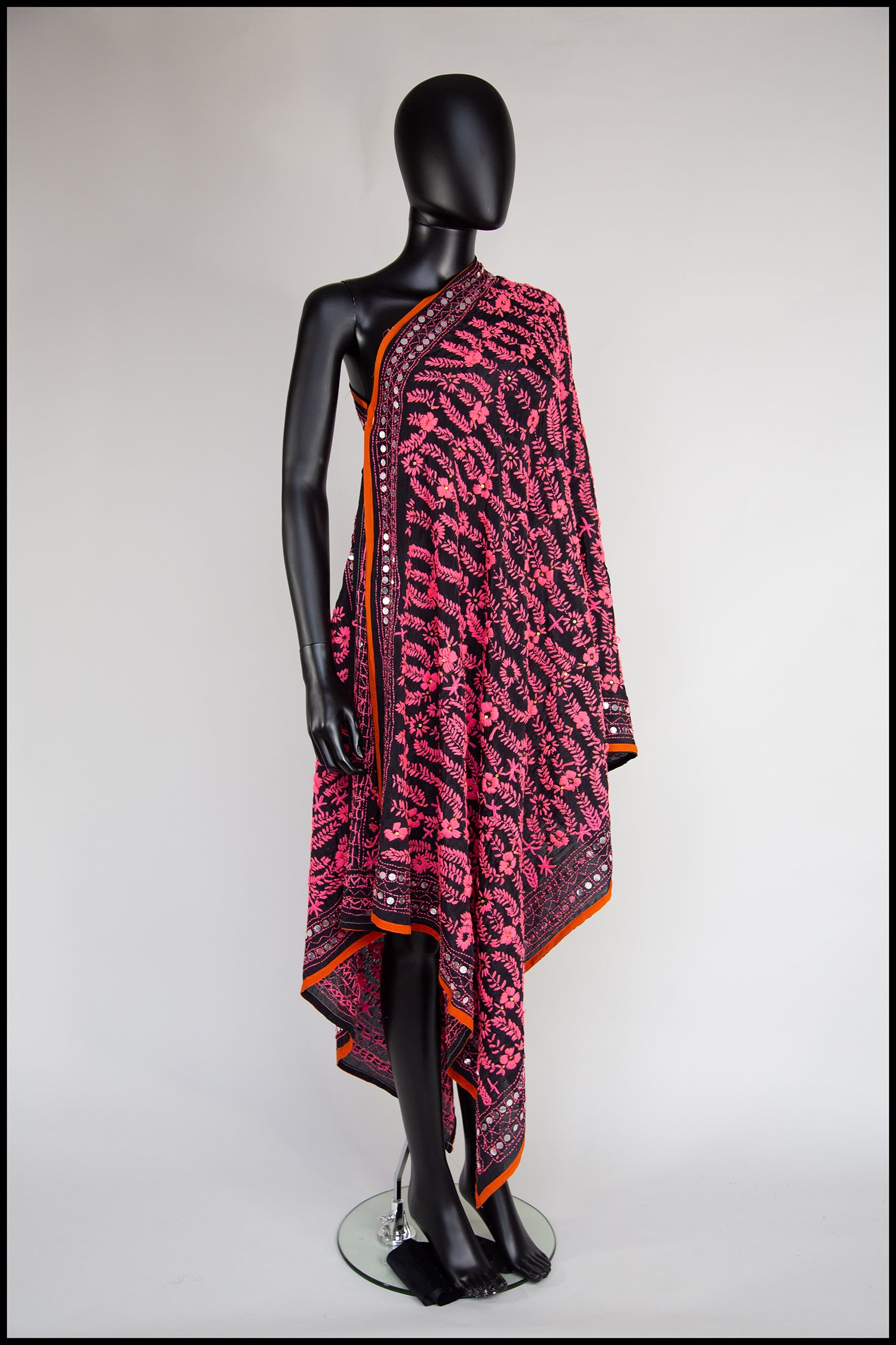 Vintage Large Pink Black Phulkari Embroidered Shawl