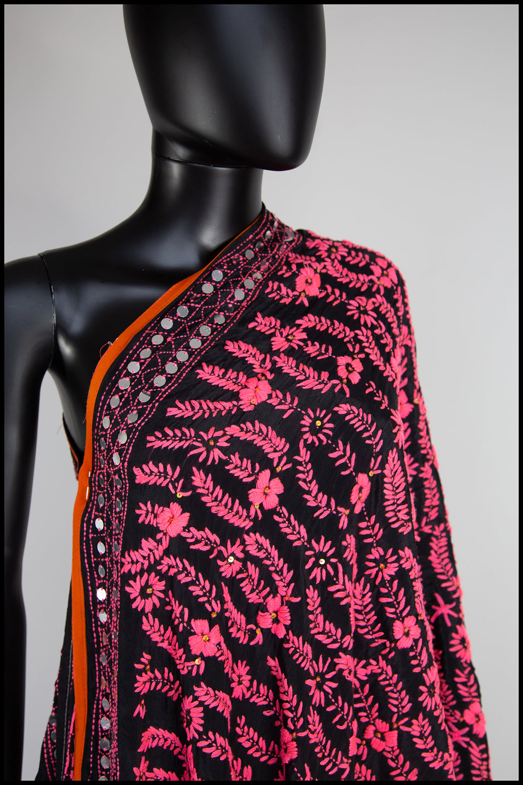 Vintage Large Pink Black Phulkari Embroidered Shawl