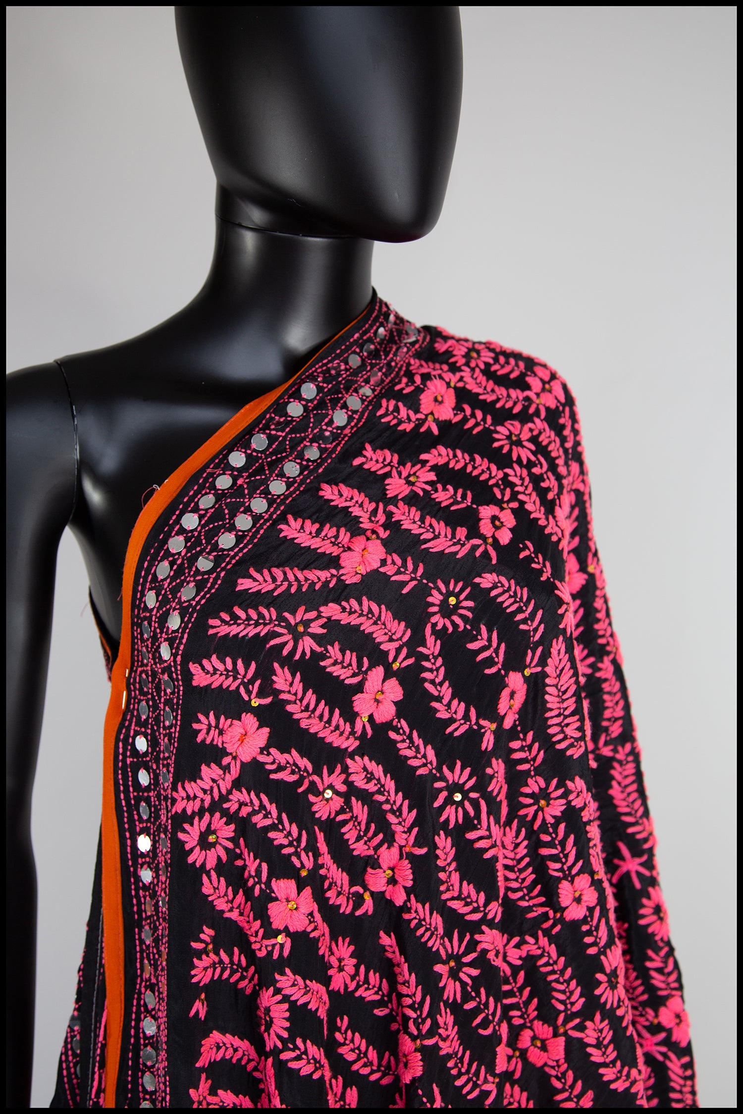 Vintage Large Pink Black Phulkari Embroidered Shawl