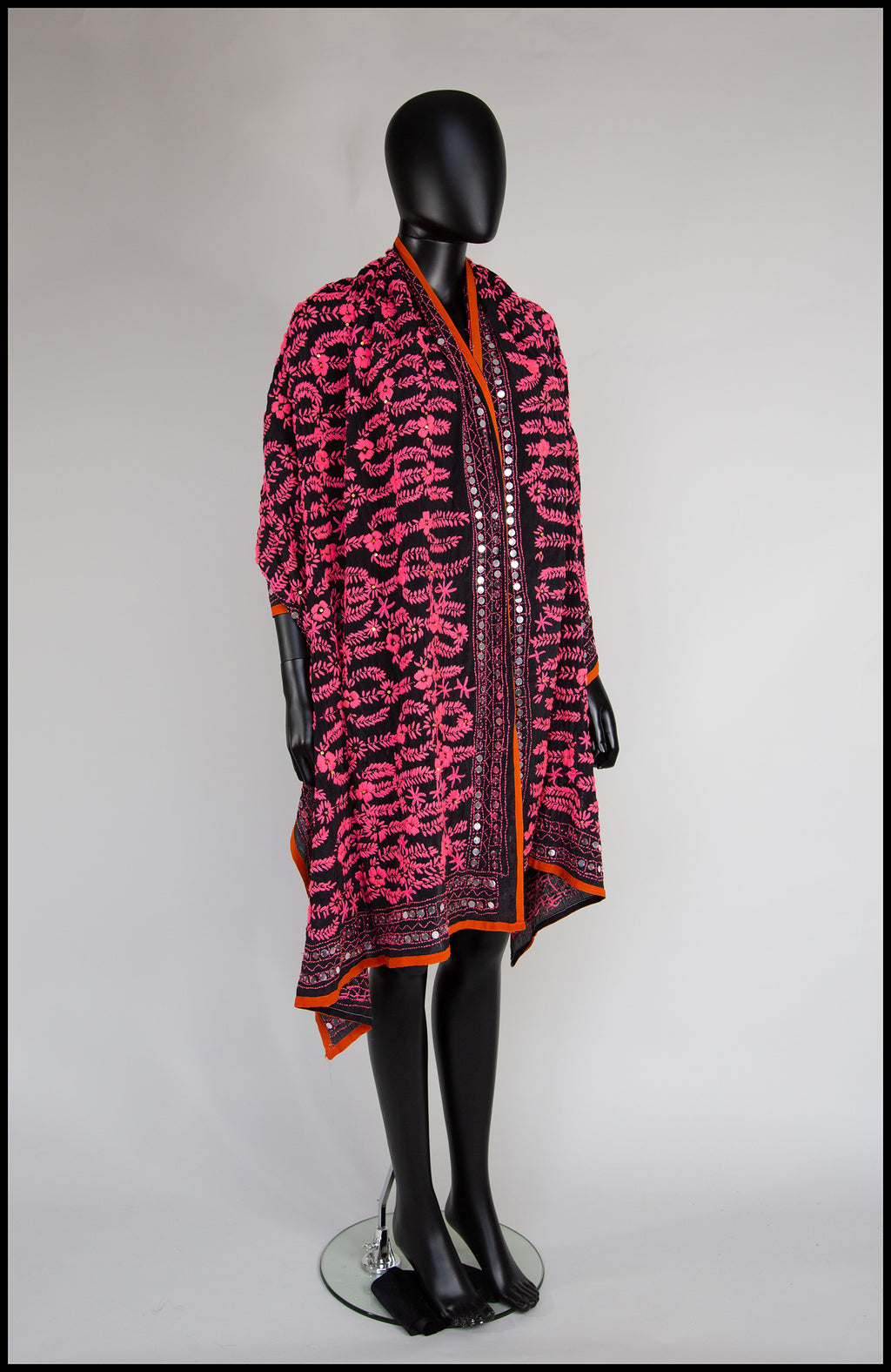 Vintage Large Pink Black Phulkari Embroidered Shawl