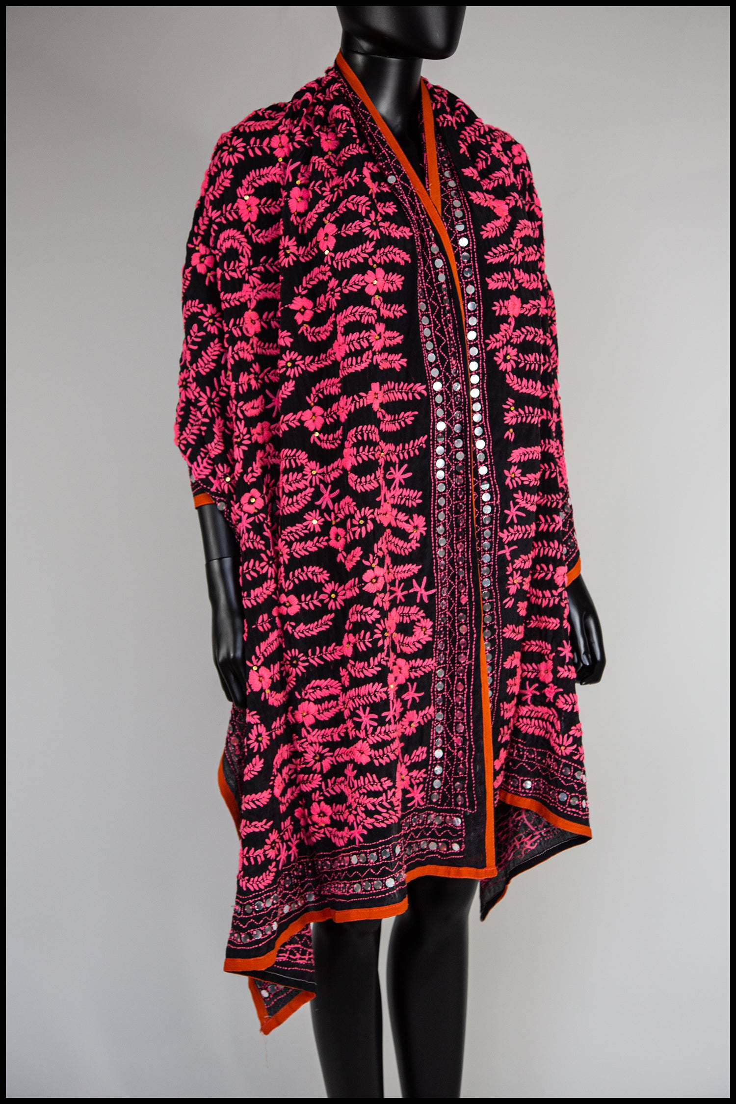 Vintage Large Pink Black Phulkari Embroidered Shawl