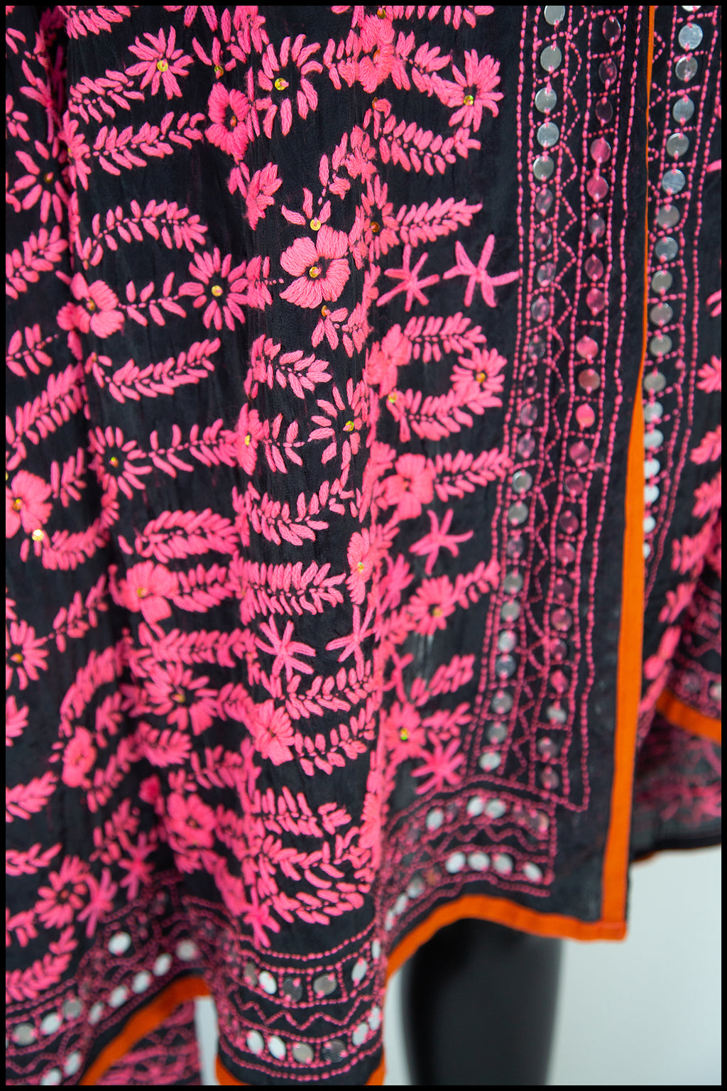 Vintage Large Pink Black Phulkari Embroidered Shawl
