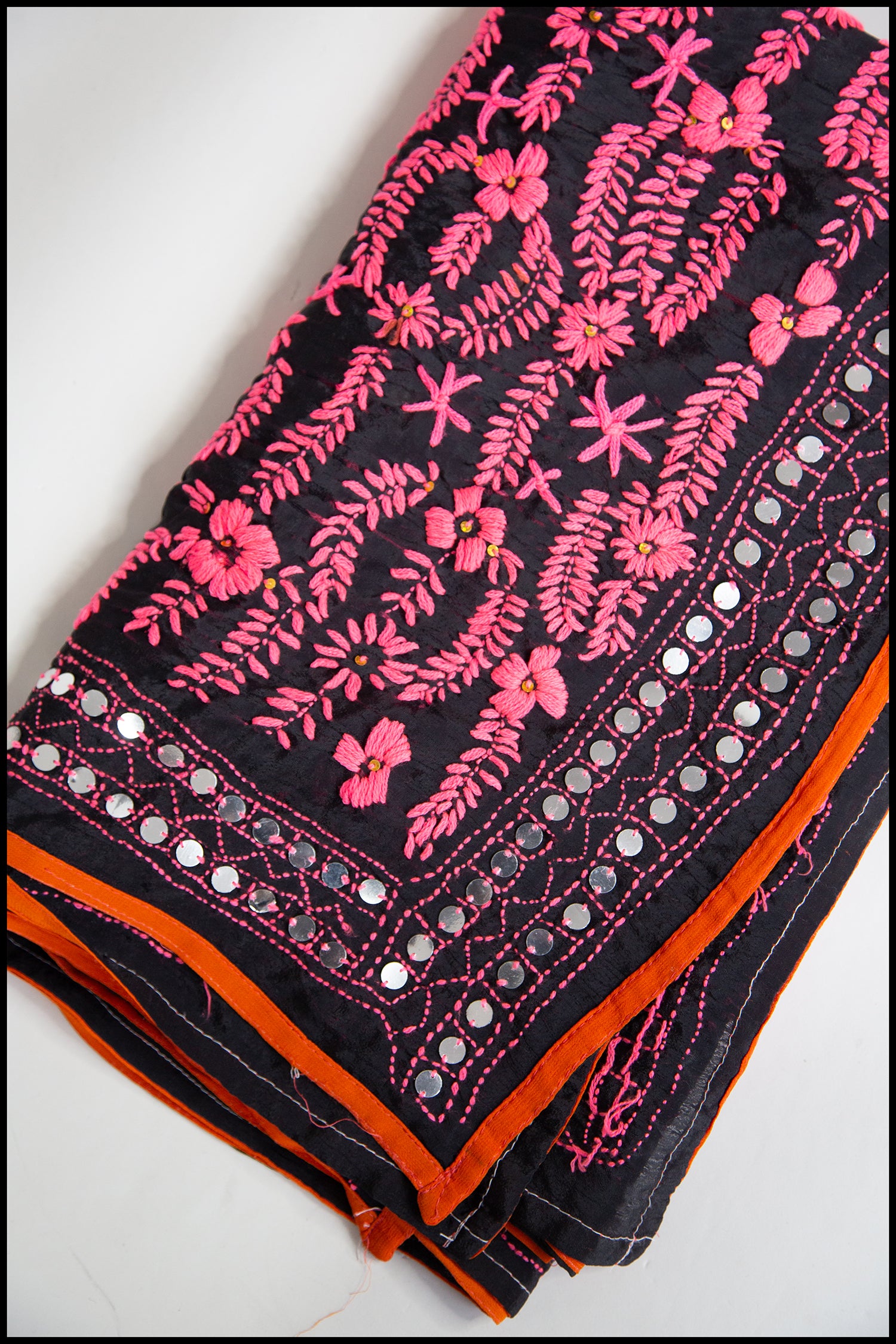 Vintage Large Pink Black Phulkari Embroidered Shawl
