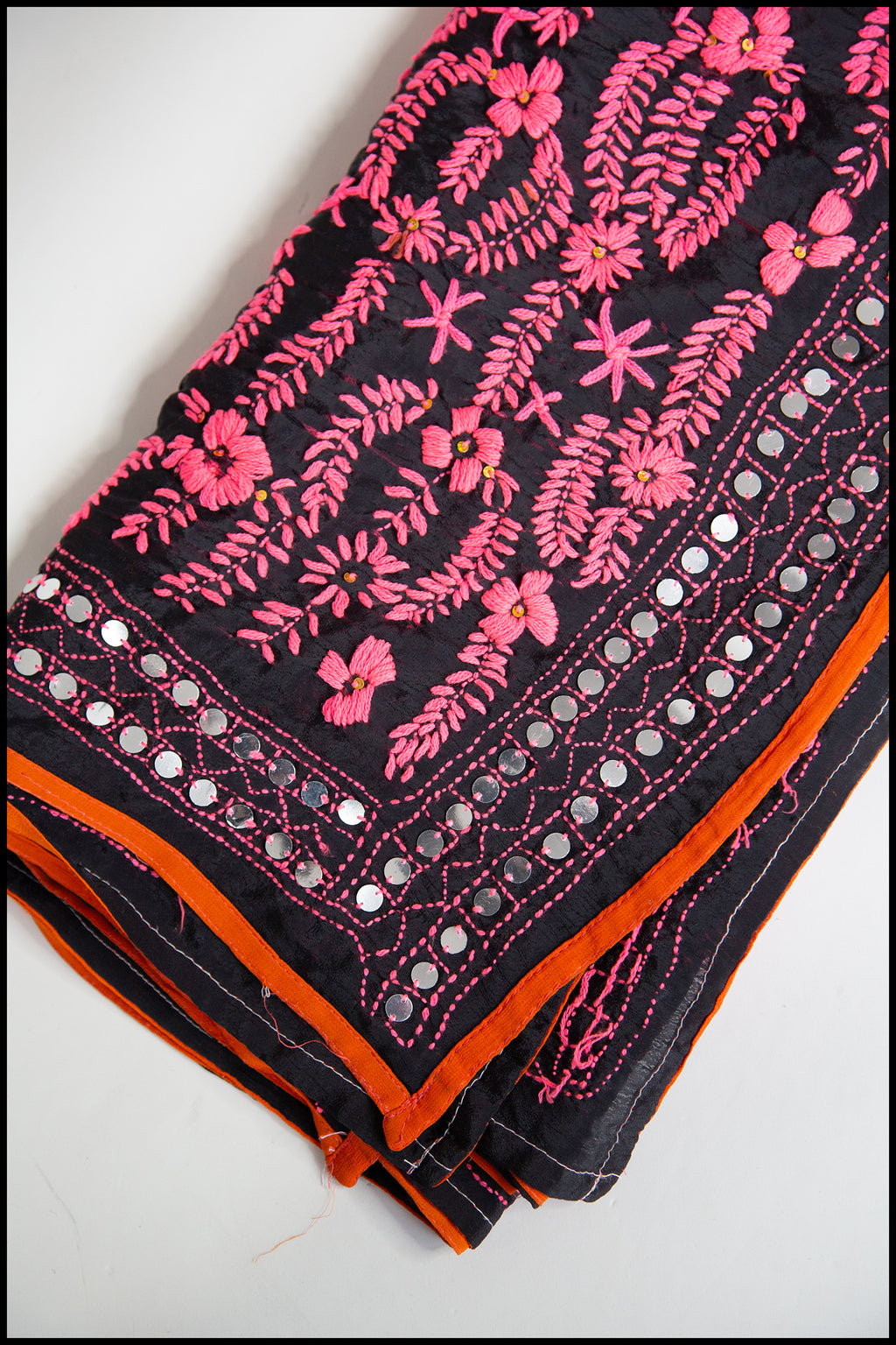 Vintage Large Pink Black Phulkari Embroidered Shawl