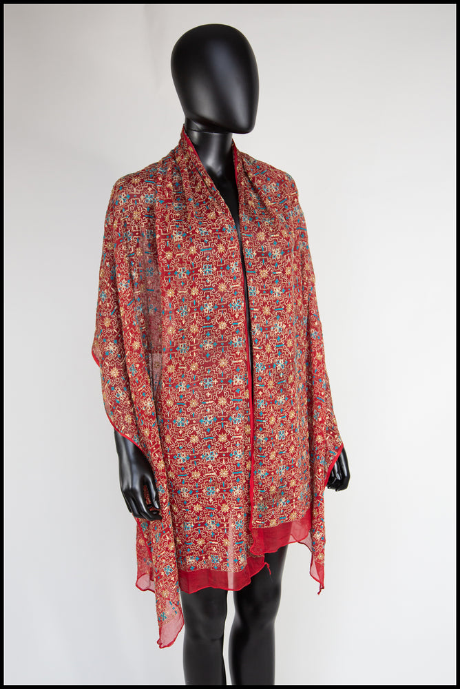 Vintage 1930s Red Gold Tambour Embroidered Silk Shawl Wrap