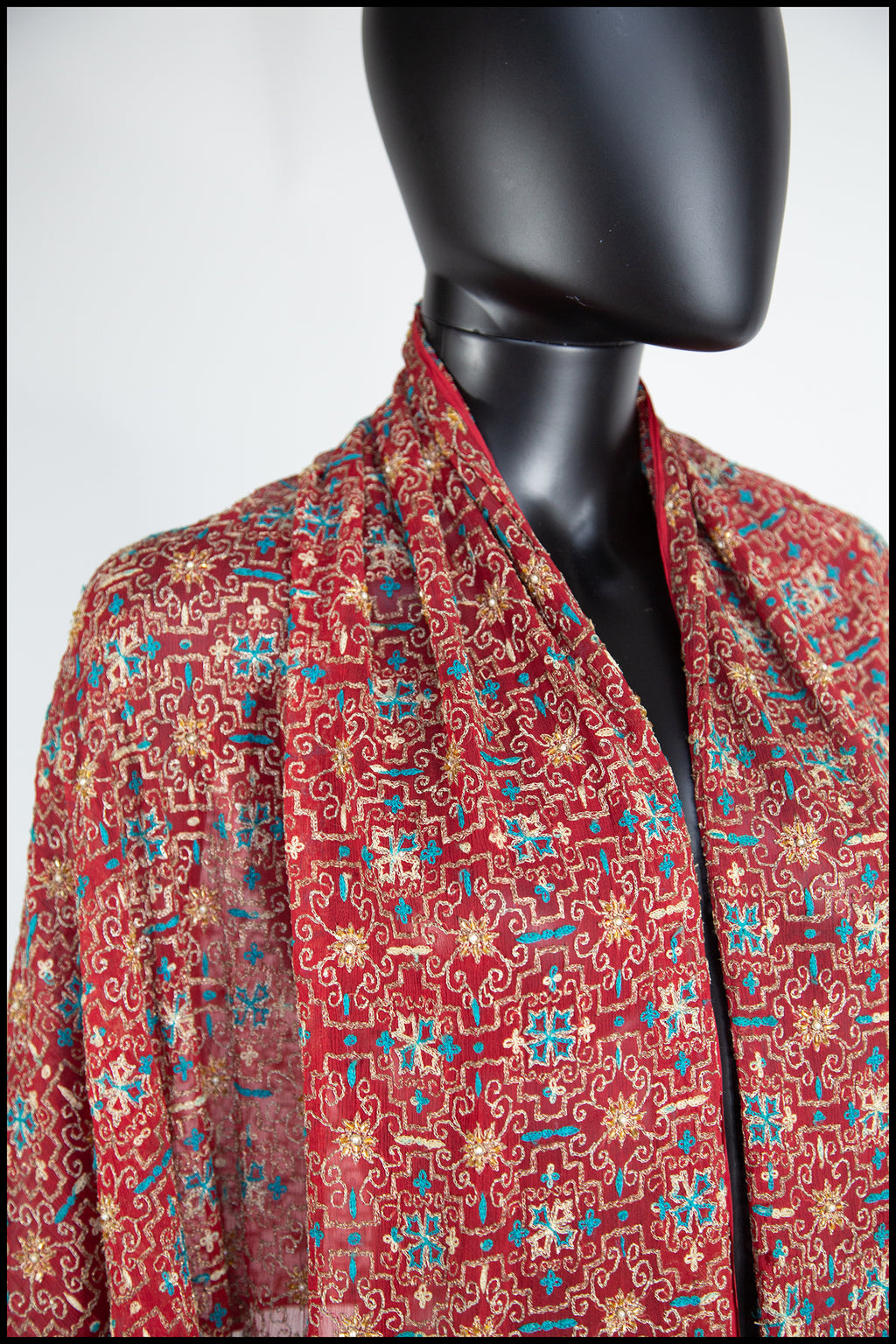 Vintage 1930s Red Gold Tambour Embroidered Silk Shawl Wrap