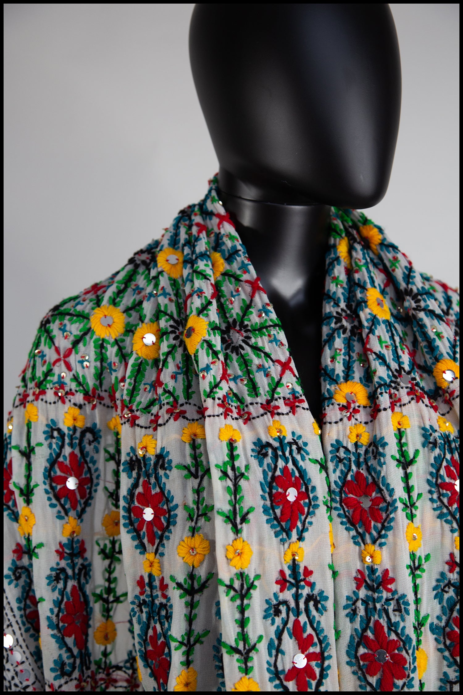 Vintage Large Indian Phulkari Multi Embroidered Wool Wrap