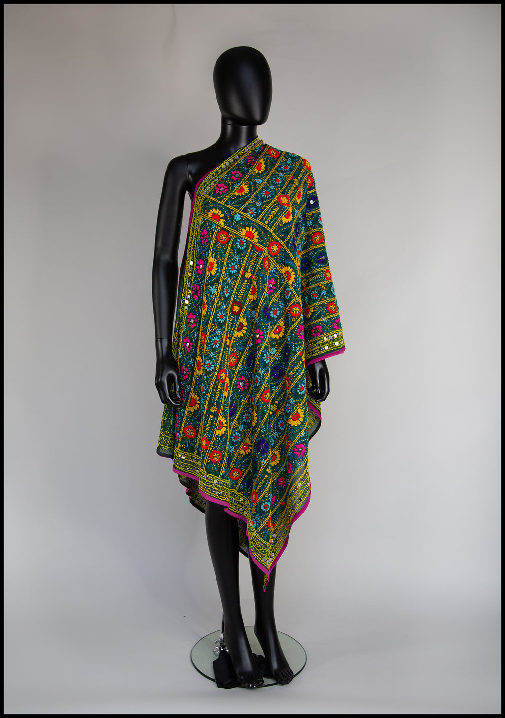 Vintage Indian Phulkari Green Embroidered Silk Wrap Shawl