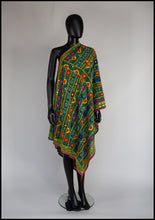 Vintage Indian Phulkari Green Embroidered Silk Wrap Shawl