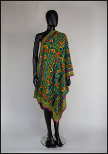 Vintage Indian Phulkari Green Embroidered Silk Wrap Shawl
