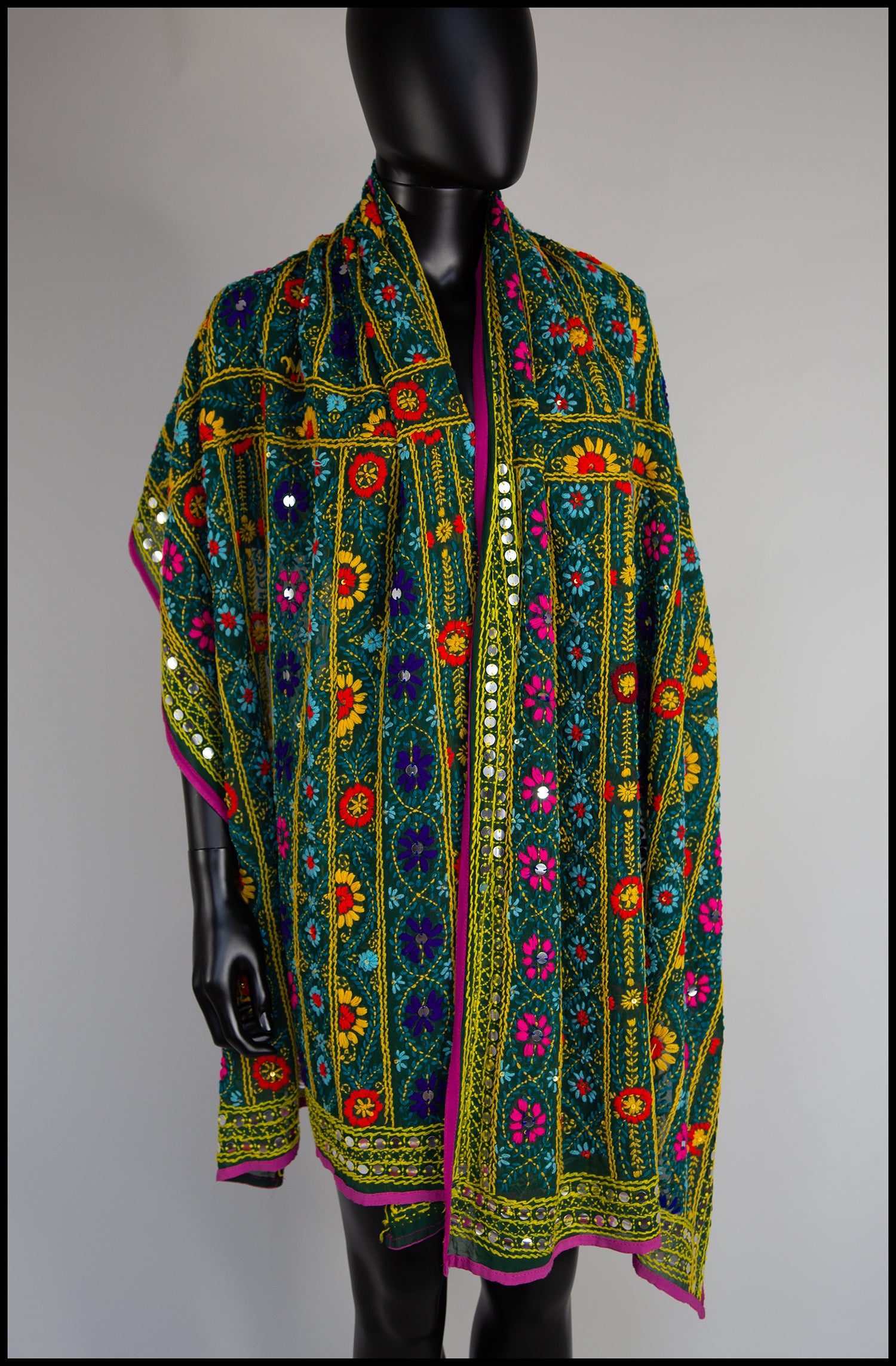 Vintage Indian Phulkari Green Embroidered Silk Wrap Shawl