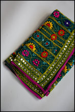 Vintage Indian Phulkari Green Embroidered Silk Wrap Shawl