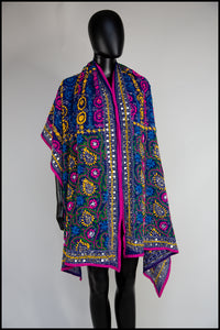 Vintage 1970s Indian Phulkari Blue Embroidered Silk Wool Wrap