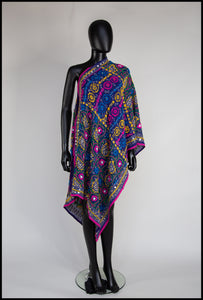 Vintage 1970s Indian Phulkari Blue Embroidered Silk Wool Wrap