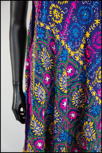 Vintage 1970s Indian Phulkari Blue Embroidered Silk Wool Wrap