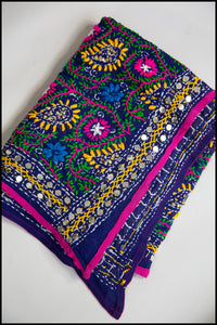 Vintage 1970s Indian Phulkari Blue Embroidered Silk Wool Wrap