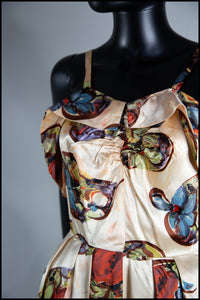 Vintage 1940s Gold Floral Print Satin Dress