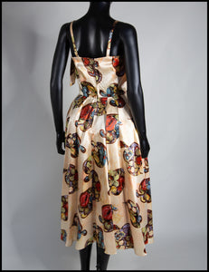 Vintage 1940s Gold Floral Print Satin Dress