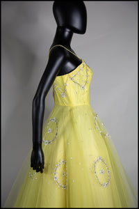 Vintage 1950s Yellow Sequin Tulle Cocktail Dress