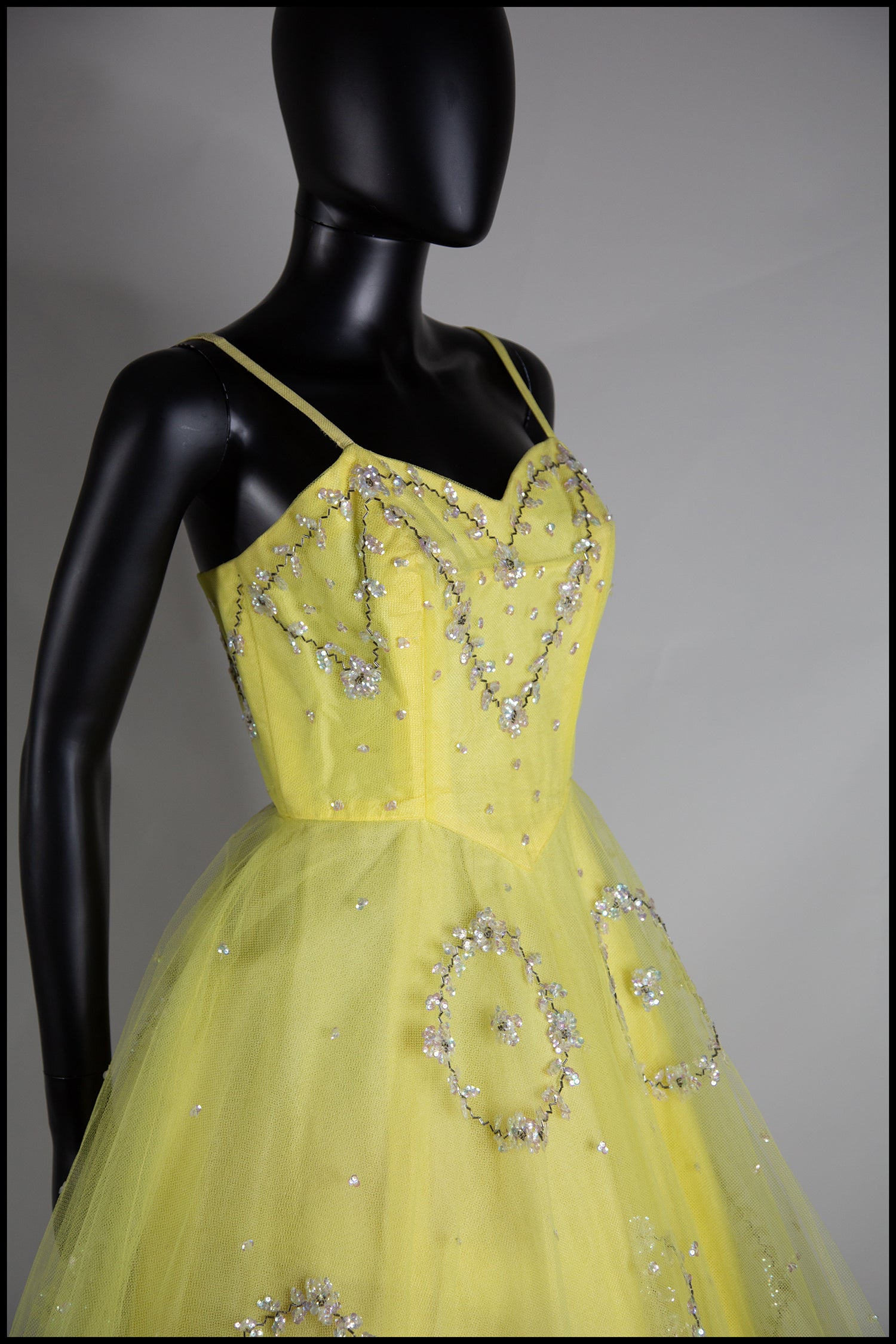 Vintage 1950s Yellow Sequin Tulle Cocktail Dress