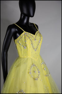 Vintage 1950s Yellow Sequin Tulle Cocktail Dress