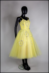 Vintage 1950s Yellow Sequin Tulle Cocktail Dress