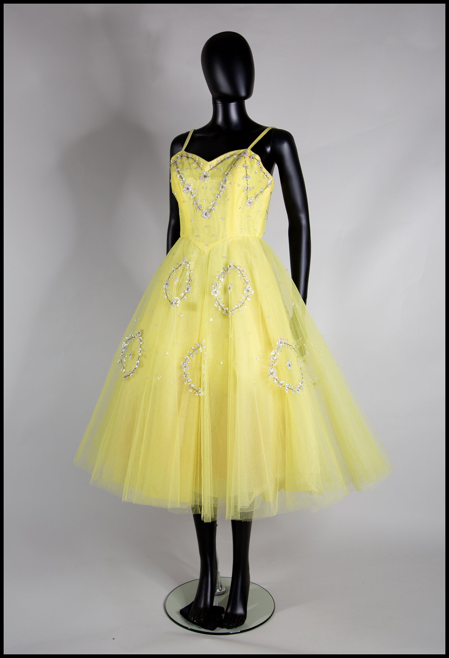 Vintage 1950s Yellow Sequin Tulle Cocktail Dress