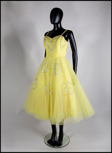Vintage 1950s Yellow Sequin Tulle Cocktail Dress