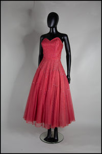 Vintage 1950s Raspberry Silk Tulle Sequin Dress
