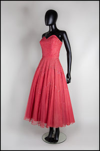 Vintage 1950s Raspberry Silk Tulle Sequin Dress