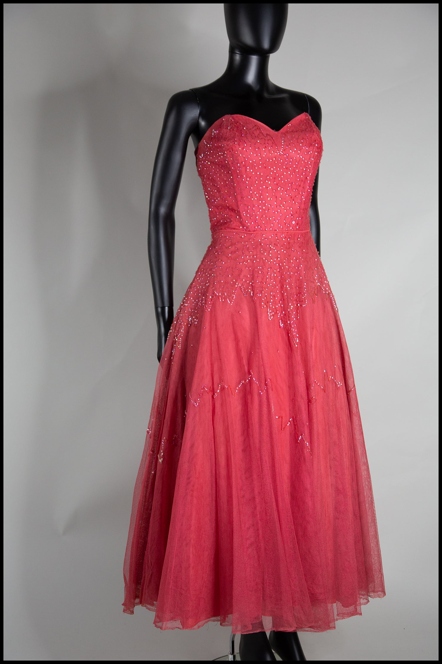 Vintage 1950s Raspberry Silk Tulle Sequin Dress ALEXANDRAKING
