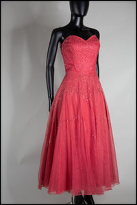 Vintage 1950s Raspberry Silk Tulle Sequin Dress
