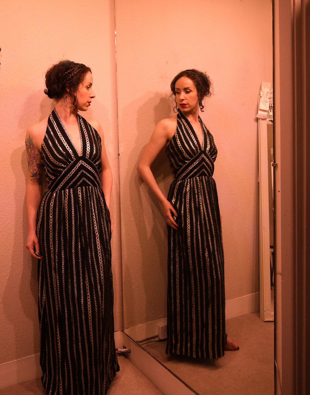 Vintage 1970s Black Gold Halter Disco Dress