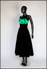 Vintage 1980s Black Velvet Green Polka dot Dress