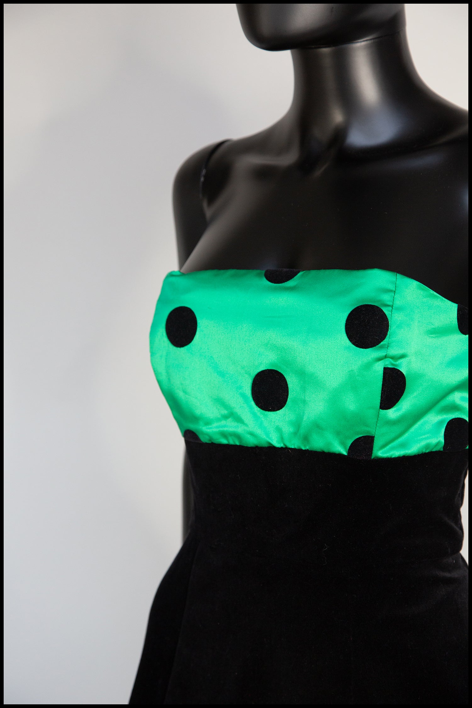 Vintage 1980s Black Velvet Green Polka dot Dress